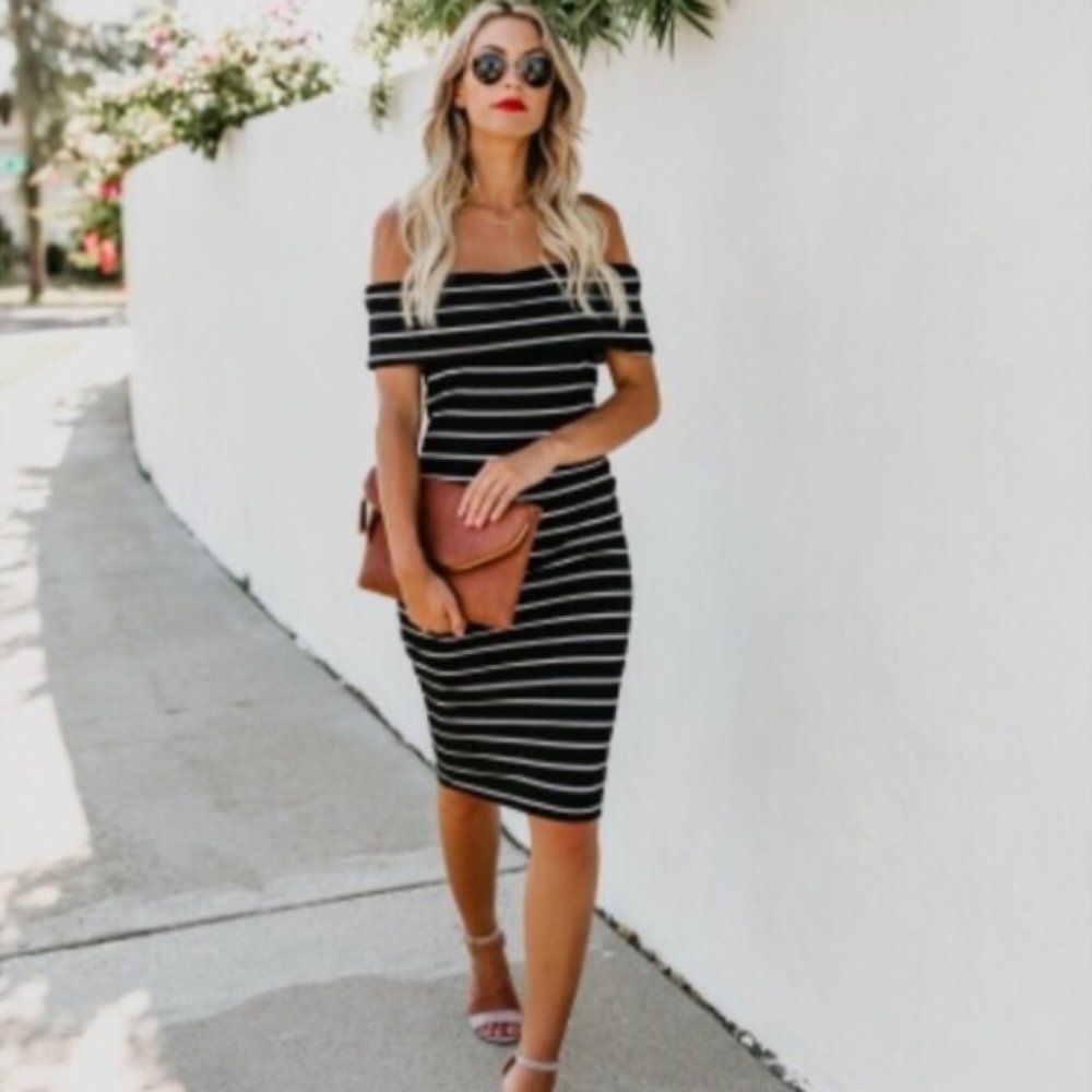 Vici Black and White Striped Off-Shoulder Midi Dress